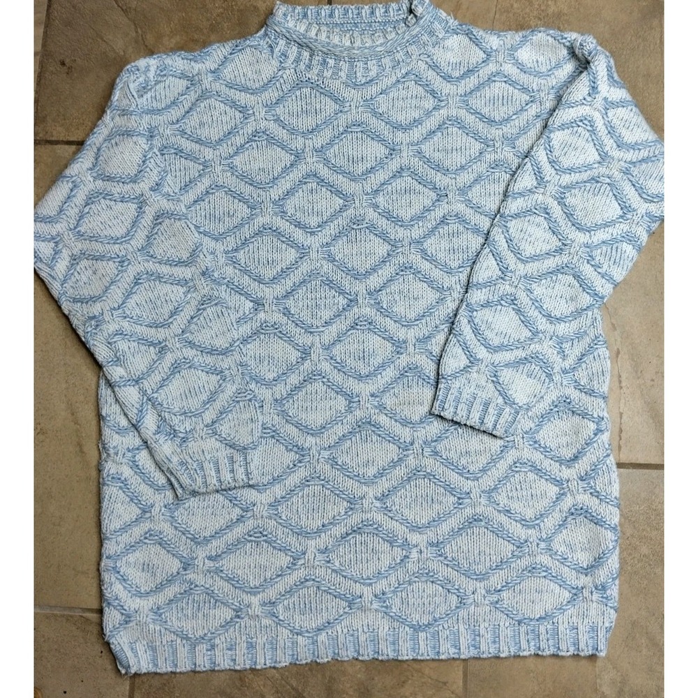 Knit Street USA Made Chunky Knit Sweater Blue Ivory Textured Mock Neck S Granny!